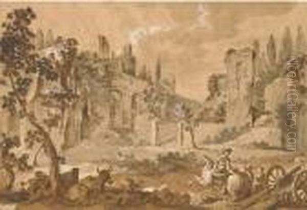 A View Of The Pincian Hill With Ruins Oil Painting by Charles Joseph Natoire