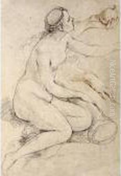 Study Of A Female Nude Leaning 
On A Cornucopia And Separate Studies Of Her Hands, One Holding An Apple Oil Painting by Charles Joseph Natoire