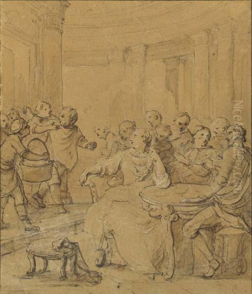 Sancho Panza Pursued By Cooks 
Trying To Shave His Beard With Dirtywater, Don Quixote And The Duchess 
Seated At A Table Oil Painting by Charles Joseph Natoire