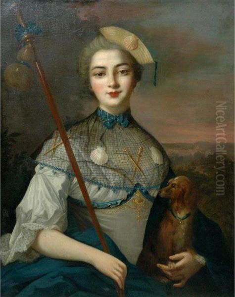 Portrait Of A Noble Lady As A Pilgrim To Santiago De Compostela With Her Dog Oil Painting by Jean-Marc Nattier