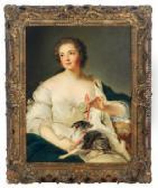 Portrait Of A Lady With A Lap Dog Wearing A Pink Collar Oil Painting by Jean-Marc Nattier