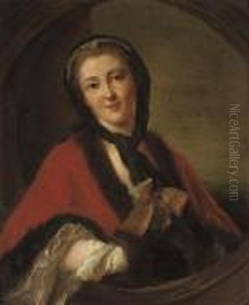 Portrait Of Countess Tessin, 
Half-length, In A Red Fur-trimmed Cloak, In A Sculpted Cartouche Oil Painting by Jean-Marc Nattier