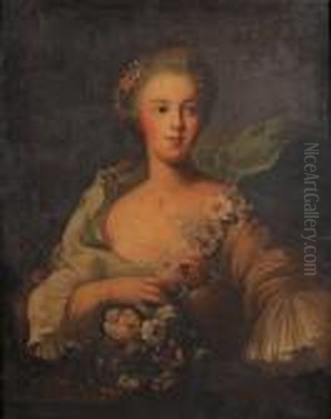 Portrait Of A Lady, Half-length,
 In A Pink Dress With A Blue Shawl And Holding A Garland Of Flowers Oil Painting by Jean-Marc Nattier