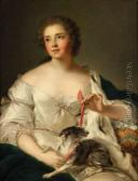 Young Lady Tying A Ribbon Around Her Dog Oil Painting by Jean-Marc Nattier