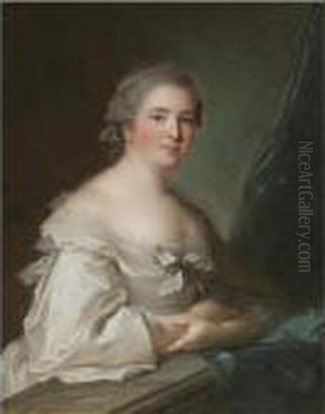 Portrait Of A Lady Leaning On A Balustrade Oil Painting by Jean-Marc Nattier