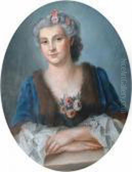 Portrait Of A Lady With Pink Flowers In Her Hair Oil Painting by Jean-Marc Nattier