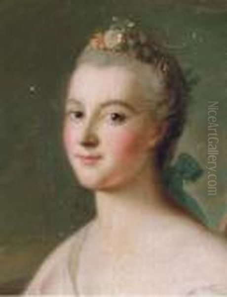 Portrait Of A Lady, Bust-length, With Flowers And A Blue Ribbon In Her Hair Oil Painting by Jean-Marc Nattier