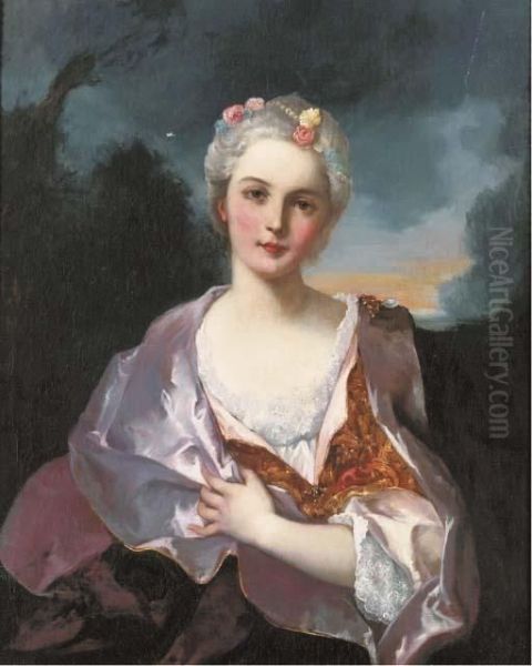 Portrait Of A Lady, Seated, Half-length, Wearing A Mauveshawl Oil Painting by Jean-Marc Nattier