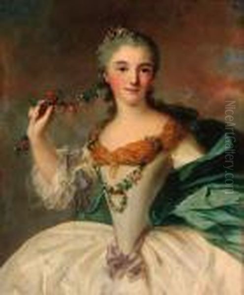 Portrait Of A Young Lady, Small 
Three-quarter-length, In A Whitedress With A Blue Wrap, Holding A 
Garland Of Wild Flowers Oil Painting by Jean-Marc Nattier