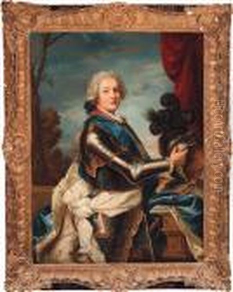 Portrait Of A Military 
Commander, Standing Three-quarter-length, Inarmour With A Blue Sash And 
An Ermine Lined Cloak, Holding A Helmetbefore A Crimson Curtain, A 
Landscape Beyond Oil Painting by Jean-Marc Nattier