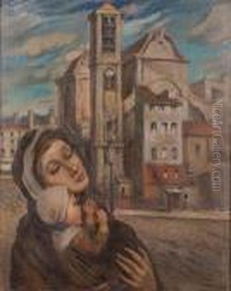 Donna Con Bimbo Di Fronte Ad Una Cattedrale Oil Painting by Hector Nava