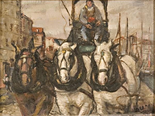 Carrozza Con Cavalli Al Porto Oil Painting by Hector Nava