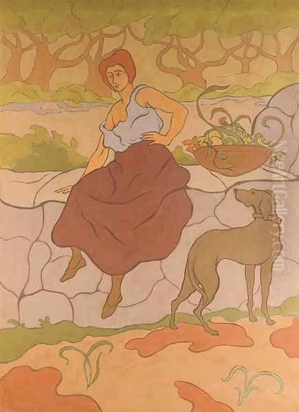 Femme au chien qui porte un collier Oil Painting by Paul-Elie Ranson