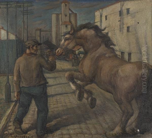 Uomo Con Cavallo Imbizzarrito In Citta Oil Painting by Hector Nava