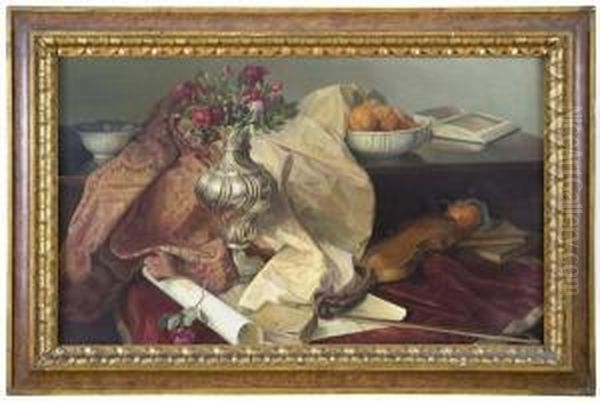 Natura Morta Con Vaso Di Fiori, Chitarra E Libri Oil Painting by Hector Nava