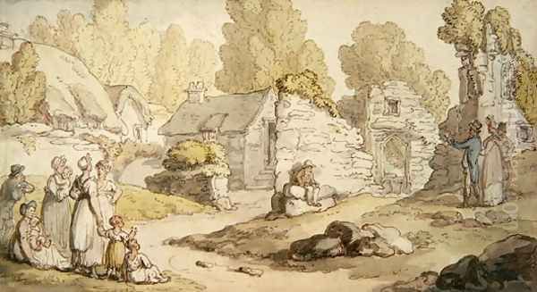 A Village Scene with Figures and Ruined Buildings Oil Painting by Thomas Rowlandson