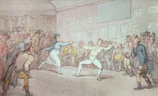 A Fencing Duel, probably depicting The Chevalier dEon, dressed as a woman Oil Painting by Thomas Rowlandson