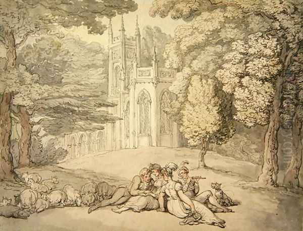 A college green with a group of damsels and young gentlemen in the foreground, c.1810-15 Oil Painting by Thomas Rowlandson