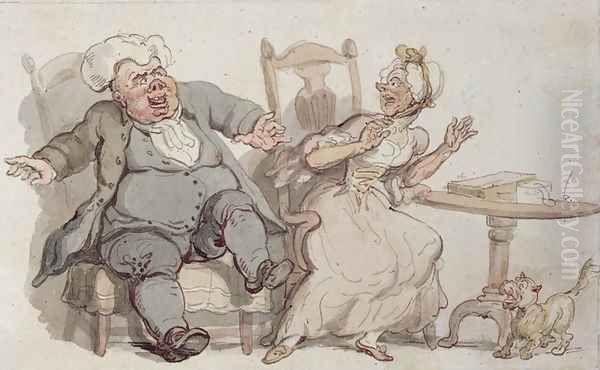 An Old Woman and her Dog Startled by Male Company Oil Painting by Thomas Rowlandson