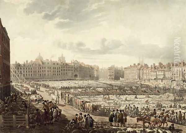 Birds Eye view of Smithfield Market Oil Painting by Thomas Rowlandson