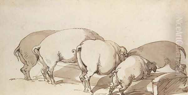 Pigs at a Trough, c.1790 Oil Painting by Thomas Rowlandson