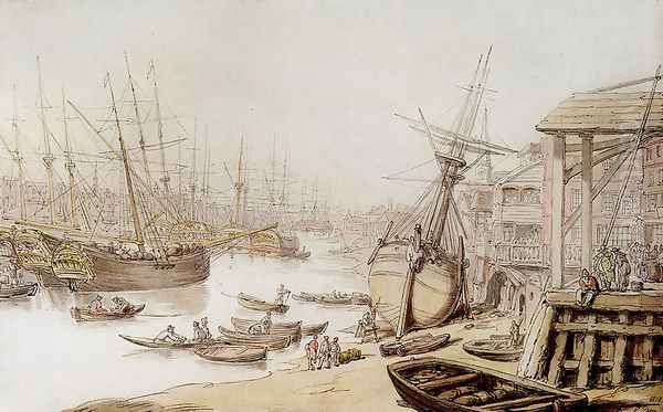 A View On The Thames With Numerous Ships And Figures On The Wharf Oil Painting by Thomas Rowlandson