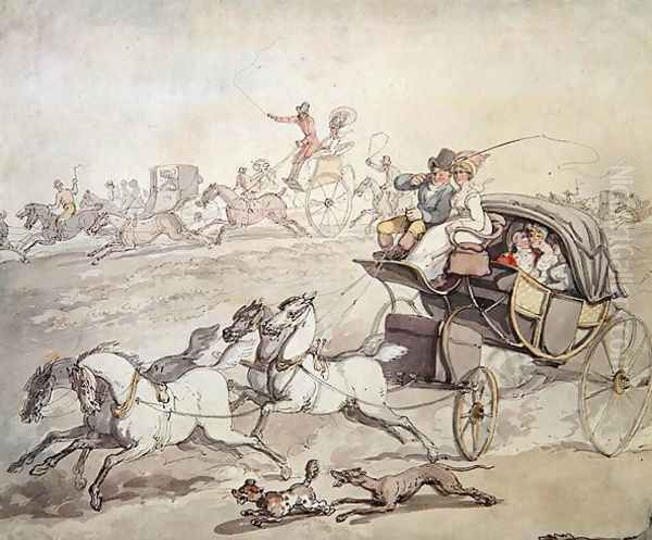 Carriages and Riders at Full Speed Across Open Grassland, c.1800 Oil Painting by Thomas Rowlandson