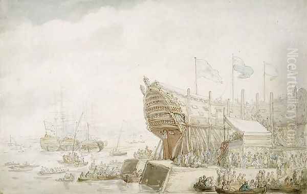 The Launching of H.M.S. Hibernia at Devonport, c.1804 Oil Painting by Thomas Rowlandson