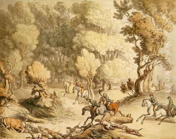 Stag at Bay - Scene near Taplow, Berks, c.1795-1801 Oil Painting by Thomas Rowlandson