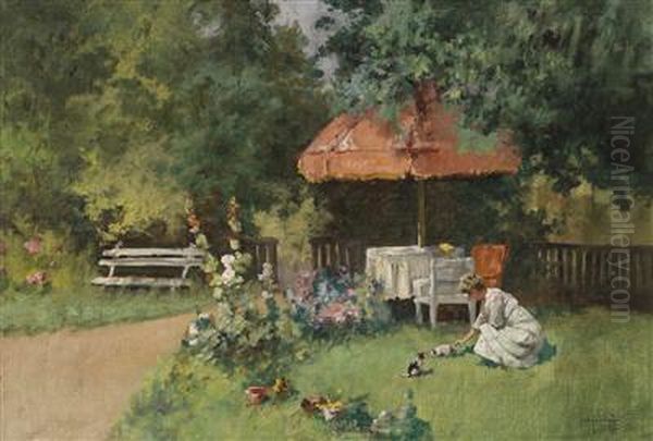 Idyllicsummer Garden Scene With Kittens Oil Painting by Antal Neogrady