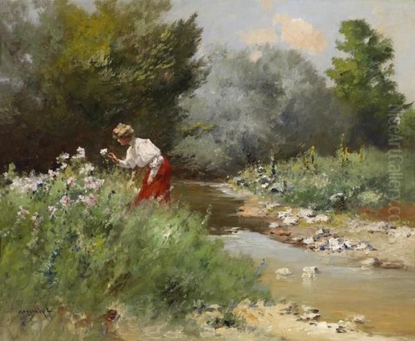 Flowers By The Stream Oil Painting by Antal Neogrady