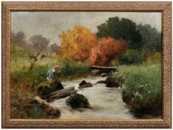 River Landscape With Girl In Red Kerchief Oil Painting by Antal Neogrady