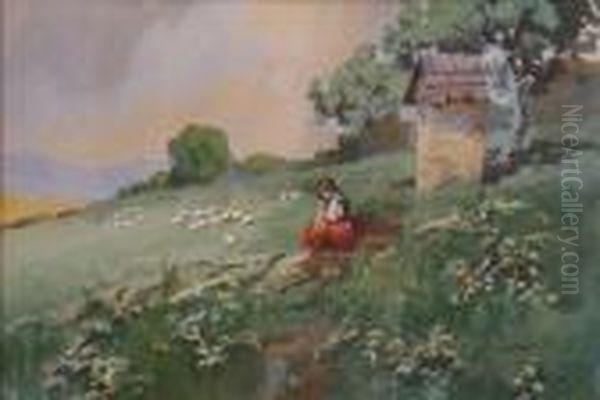 Woman On Hillside With Geese Oil Painting by Antal Neogrady