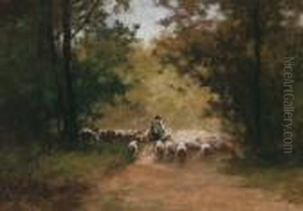 Shepherd And His Flock Returning Home Oil Painting by Antal Neogrady