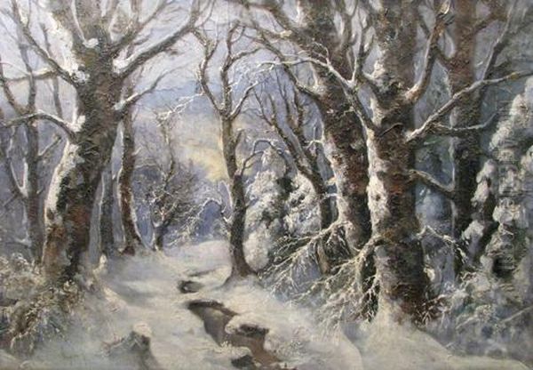 Winter In The Forest Oil Painting by Antal Neogrady