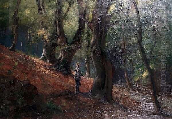 A Gentleman With A Shotgun In A Wood Oil Painting by Antal Neogrady