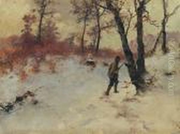 Hunter In Winter Forest Oil Painting by Antal Neogrady