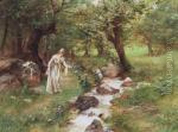 Lady Picking Flowers By The Stream Oil Painting by Antal Neogrady