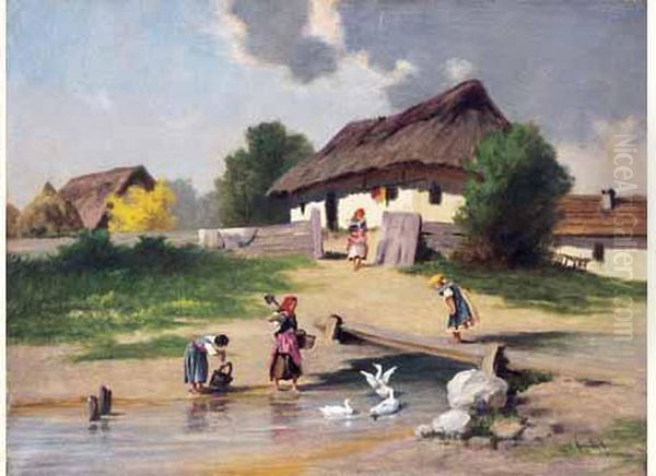 Village Oil Painting by Antal Neogrady