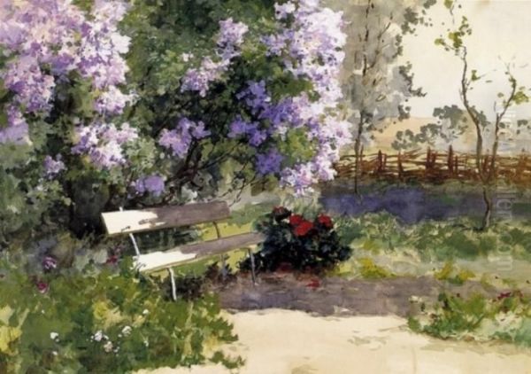 Garden Bench By Lilac Bush Oil Painting by Antal Neogrady