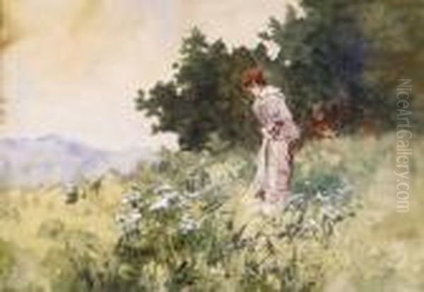 Lady In The Field Oil Painting by Antal Neogrady