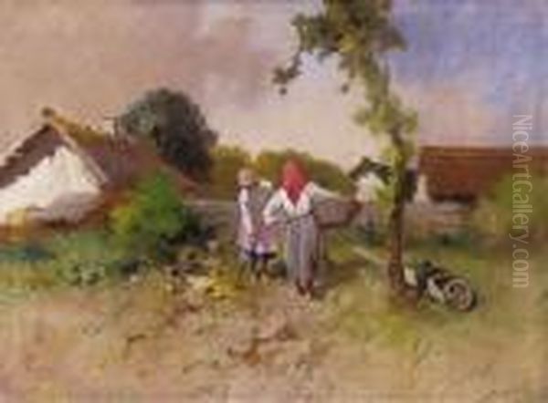 Village Scene Oil Painting by Antal Neogrady