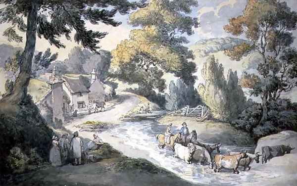 Landscape with Cattle Fording a Stream Oil Painting by Thomas Rowlandson