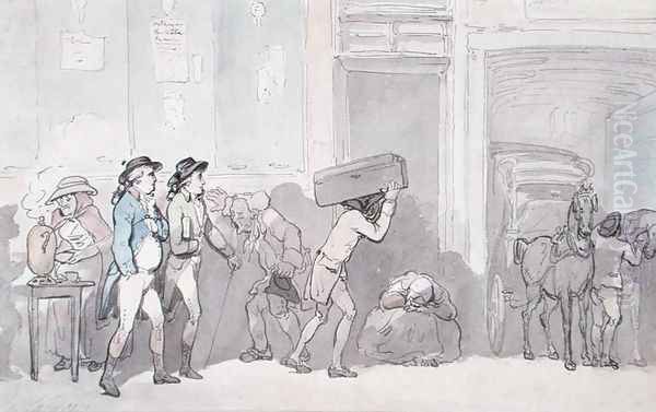 Rowlandson and Wigstead 1745-93 Arriving at an Inn Oil Painting by Thomas Rowlandson