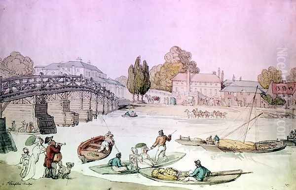 Hampton Bridge with Punts and Barges Oil Painting by Thomas Rowlandson