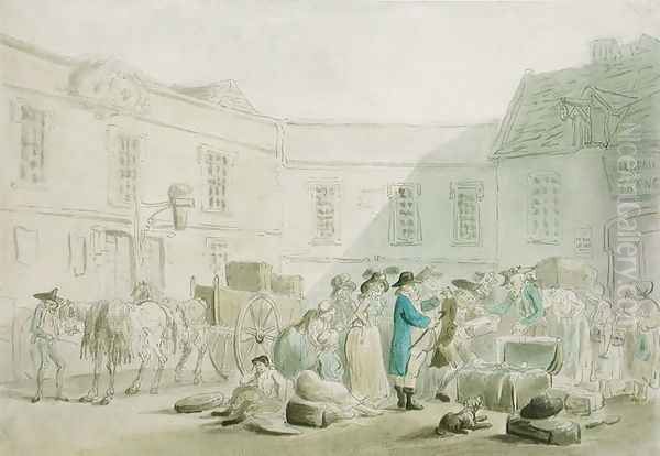 The Customs House at Boulogne - verso Graphite Sketch of Horses, Carriages and Buildings Oil Painting by Thomas Rowlandson