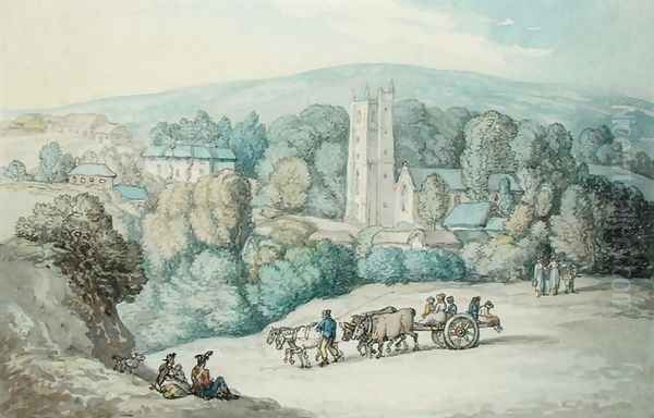 The Church and Village of St. Cue, Cornwall, c.1812 Oil Painting by Thomas Rowlandson