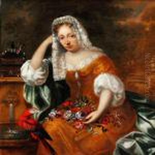 Portrait Of An Elegant Woman With Flowers And A Parrot Near A Fountain Oil Painting by Caspar Netscher