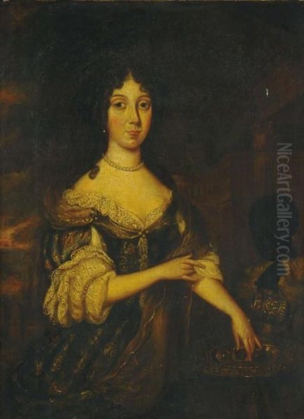 Portrait Of A Lady, 
Three-quarter Length, In A Blue Embroidered Dress With A Brown Wrap, 
Washing Her Hand, Attended By A Page, A Classical Building Beyond Oil Painting by Caspar Netscher