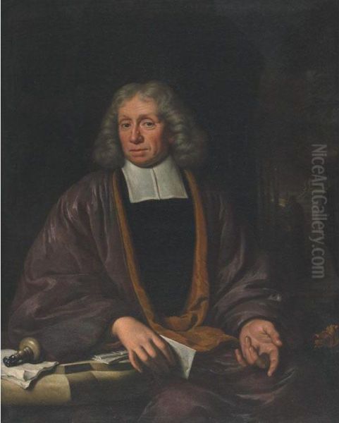 Portrait Of A Judge Seated 
Before A Window With Classic Temple Andmonument In The Distance Oil Painting by Caspar Netscher